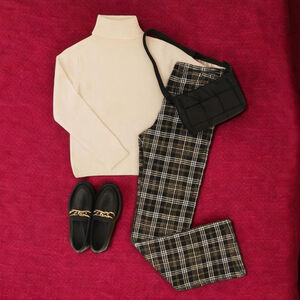 No Boundaries Black White Tan Plaid Flare Pants